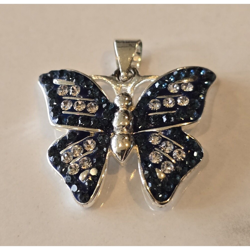 Blue Butterfly Rhinestone Pendant Silver Tone Crystal Enamel Charm Nature #1281